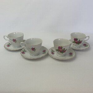 Floral Bone China Teacup & Saucer 8 Piece Blooming Pink Roses Japan Vintage